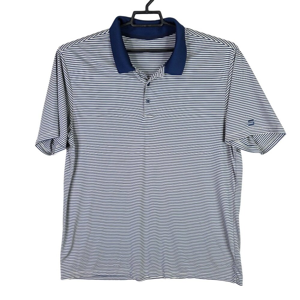 Mens Blue & White Striped Performance Polo Shirt Short Sleeve Polyester Size XL